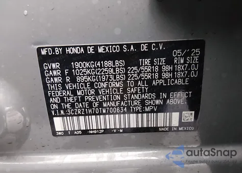 2026 Honda Hr-V 2Wd Ex-L from USA, damaged, VIN 3CZRZ1H70TM700634